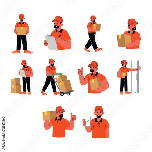 Professional Courier Delivery Worker Character Illustration Set