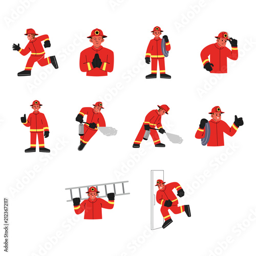 Professional Firefighter Emergency Rescue Character Illustration Set