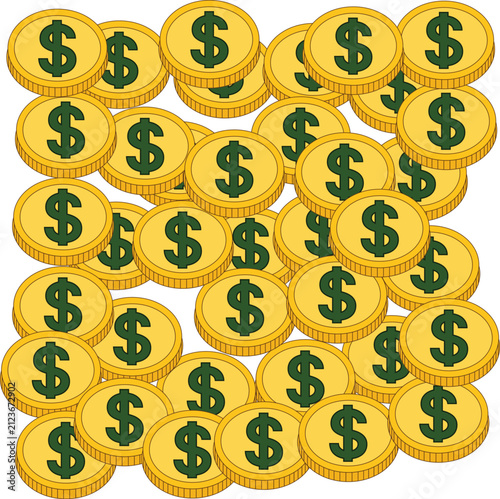 Heap of scattered gold coins with dollar signs flat illustration icon, business
