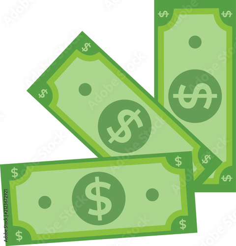Three green paper money dollar bills fanned out with currency, business