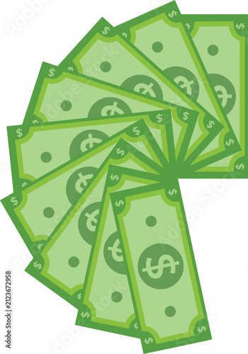 Wide fan arrangement of green paper dollar bills with currency, business