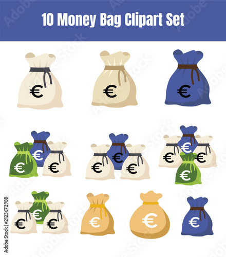 Collection of various money bag icons with euro currency symbol clipart set