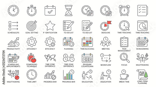 Time management line icons set, productivity and workflow planning vector elements, business scheduling and task tracking symbols for corporate dashboards