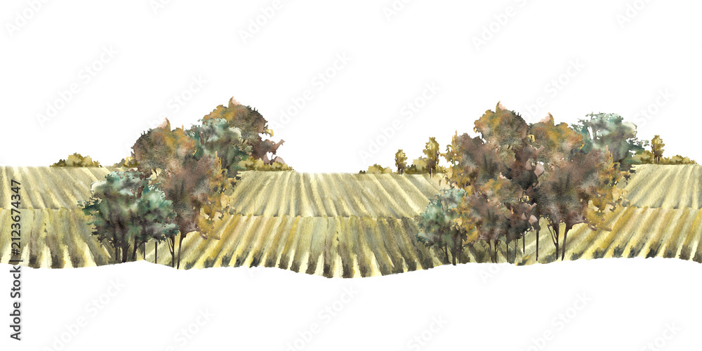 Fototapeta premium Watercolor landscape with vineyards, grape fields, bushes, trees and grape plant. Rural nature seamless border. Winemaking farm hand draw illustration Isolated from background country view pattern.