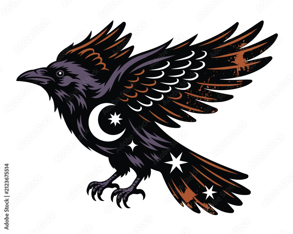 Naklejka premium Mystical Celestial Raven Bird Vector Illustration Isolated on White Background