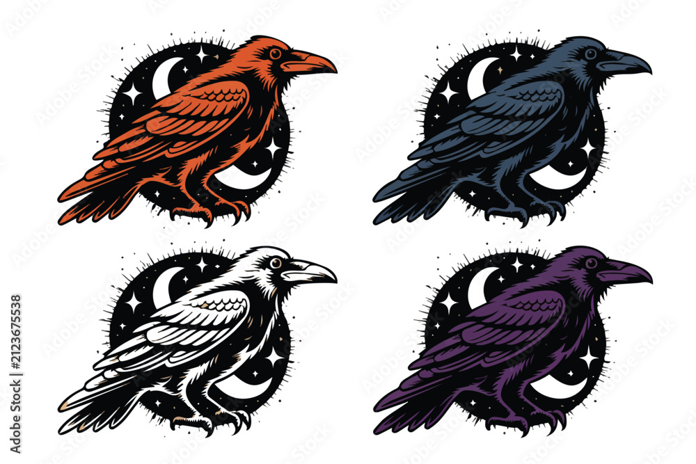 Obraz premium set of Mystical Celestial Raven Bird Vector Illustration Isolated on White Background