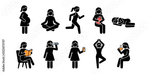 Woman health and lifestyle activities stick figure icons