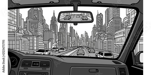 Traffic on city highway seen from car dashboard