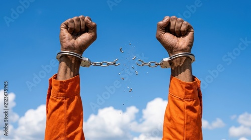 Powerful hands of prisoner in orange uniform breaking metal handcuffs against a clear blue sky background symbolizing freedom justice and escape from captivity for human rights and social justice now.