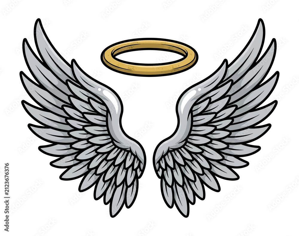 Obraz premium Angelic gray wings with a shining golden halo floating above in a cartoon illustration style