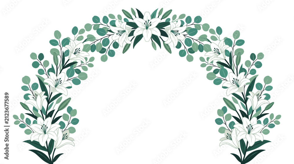 Fototapeta premium Elegant White Lily and Green Eucalyptus Leaf Floral Arch Vector Illustration