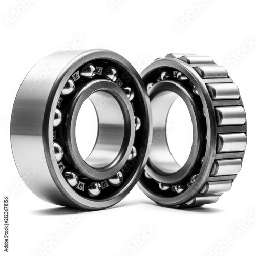 Close-up of cylindrical roller bearing with balls isolated on white background