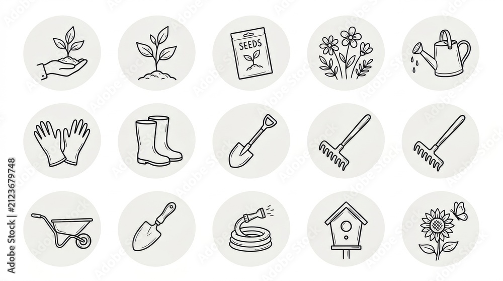 Fototapeta premium Set of hand drawn gardening icons featuring tools plants and equipment for landscaping and home garden maintenance