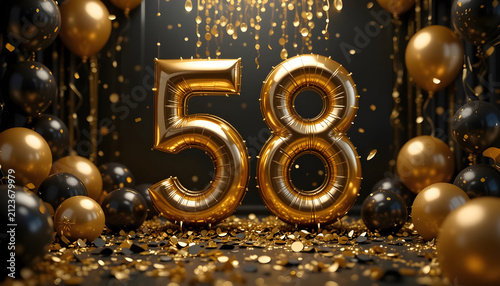 Shiny gold number 58 balloons with scattered confetti black and gold balloons festive atmosphere.