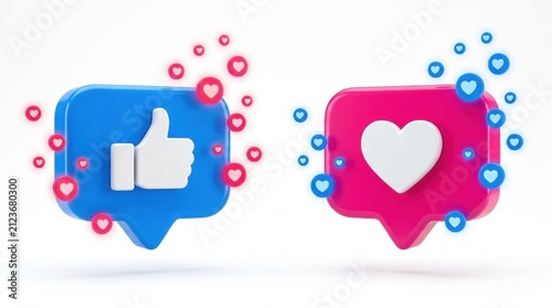 3d social media notification icons with thumb up and heart symbols for digital marketing and engagement concepts