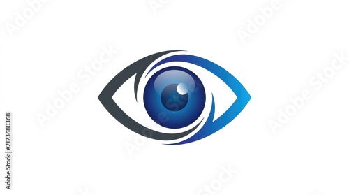 Abstract digital eye icon with blue iris and stylized black and blue lines on a white background