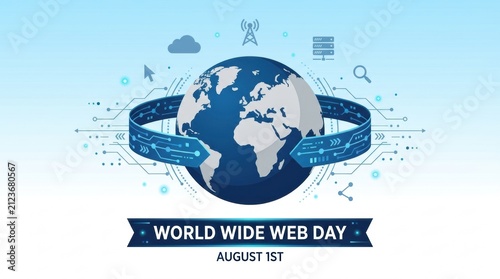 World wide web day concept with a digital globe surrounded by data icons on a light blue background