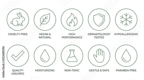 Set of ten circular line art icons representing various product features and safety certifications for consumer goods packaging
