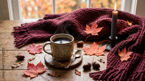 Warm coffee cup and fallen leaves on a wooden table, symbolizing autumn comfort, coziness, and relaxation.