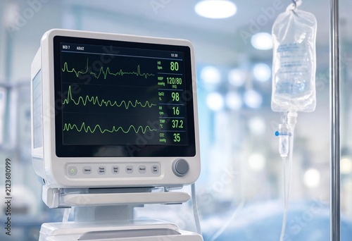 Modern patient monitor displaying vital signs inside a bright hospital intensive care environment with advanced medical equipment, sterile healthcare technology, clinical innovation, and monitoring.