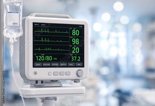 Modern patient monitor displaying vital signs inside a bright hospital intensive care environment with advanced medical equipment, sterile healthcare technology, clinical innovation, and monitoring.
