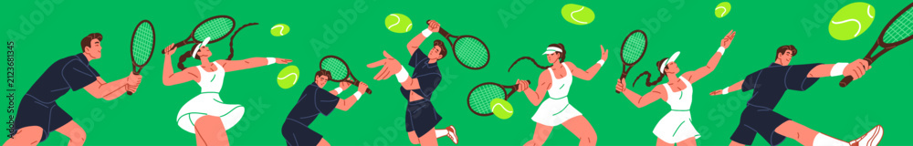 Fototapeta premium Big tennis banner. Design with players hits balls with racket. People in uniform play sports match, game on court. Men and women with racquets are training to strike. Flat vector illustration