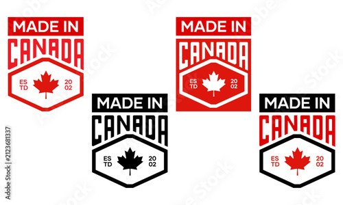Made in Canada Badge Set – Red and Black Hexagon Labels with Maple Leaf, Established 2002 Stamp Icons