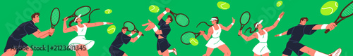 Big tennis banner. Design with players hits balls with racket. People in uniform play sports match, game on court. Men and women with racquets are training to strike. Flat vector illustration