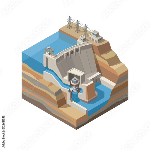 Hydroelectric Dam Cross Section Isometric View.