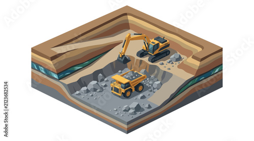 Isometric mining operation with excavator and dump truck.