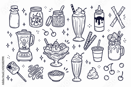 Dessert Drink Doodle Icon Set Vector for Cafe Menu and Sweet Food Design