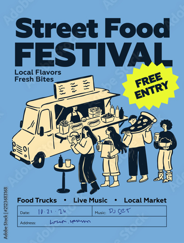 Modern street food festival flyer template featuring a food truck, pizza, burgers, takeaway food, and people enjoying an outdoor market. Perfect for food festivals, food truck events