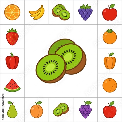 Sliced kiwi fruit surrounded by variety of fruit and vegetable icons