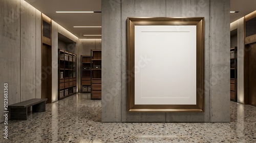 Blank gold picture frame mockup in modern industrial interior gallery for exhibition poster display