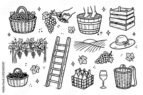 Vineyard Harvest Doodle Icon Set Vector for Winery and Wine Branding