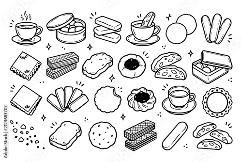 Tea Time Snack Doodle Icon Set Vector for Bakery Menu Design
