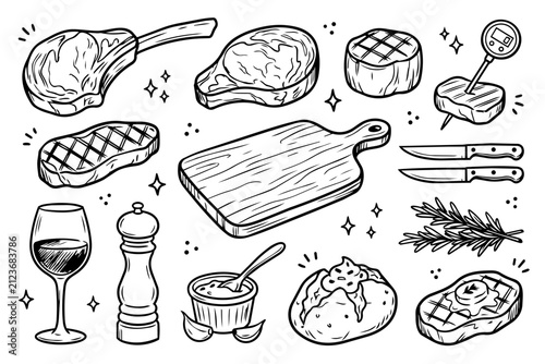 Steak and BBQ Cooking Doodle Icon Set Vector for Restaurant Design