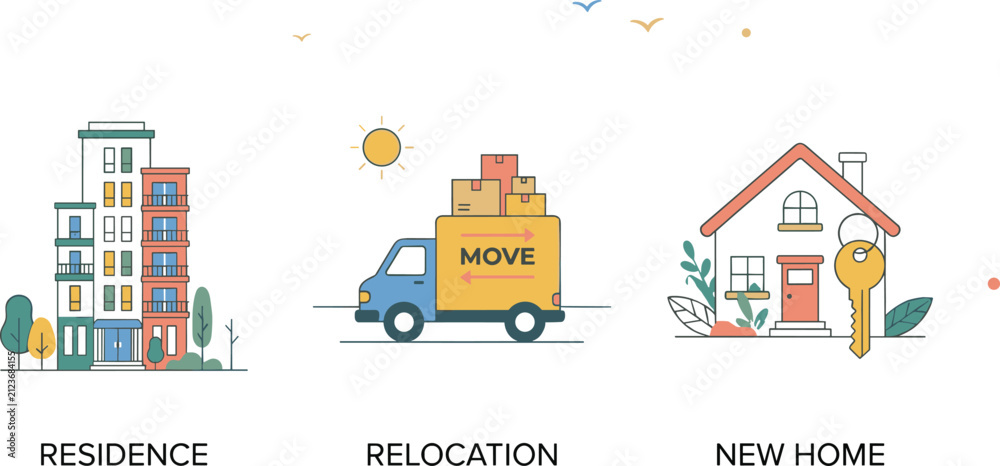 Fototapeta premium Residence Relocation and New Home Concept Illustrated with Houses, Truck and Keys Icons for Moving and Settling