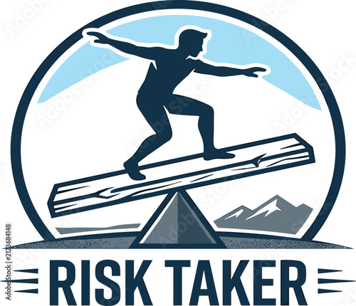 Obraz na plátne Risk Taker Skateboarder Icon with Mountains and Caution Theme, Vector Badge for