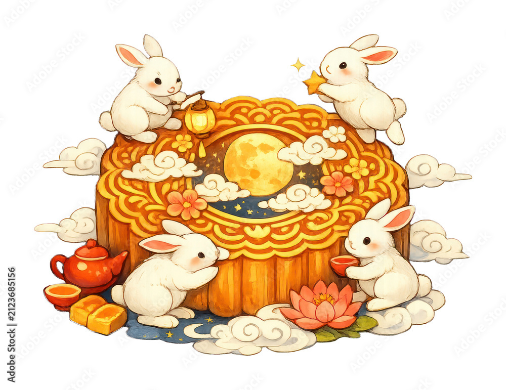 Fototapeta premium PNG Whimsical rabbits celebrate mooncake.