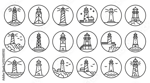 Collection of black and white line art icons depicting various lighthouses and maritime themes.