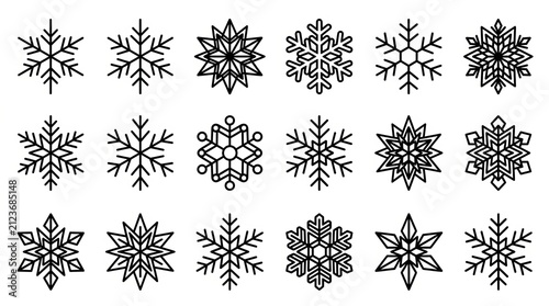 Collection of intricate black and white snowflake designs for winter decorations.