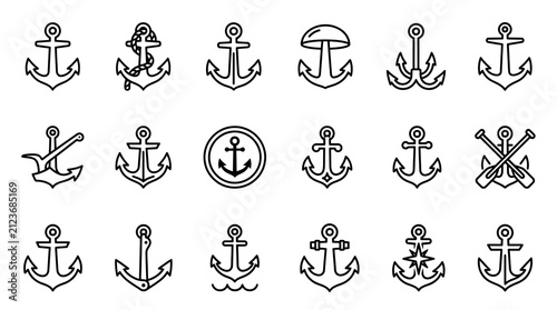 Collection of black and white nautical anchor icons in various styles and designs.