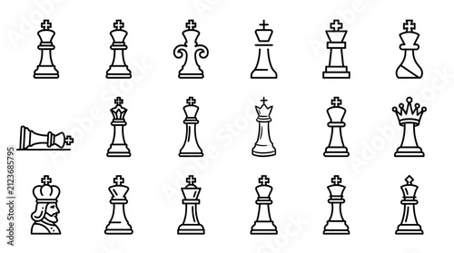 Set of sixteen flat design icons representing various chess pieces in teal color.