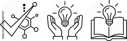 Creative idea and innovation line icon set with light bulb, book, check mark, education, network and minimal outline symbols