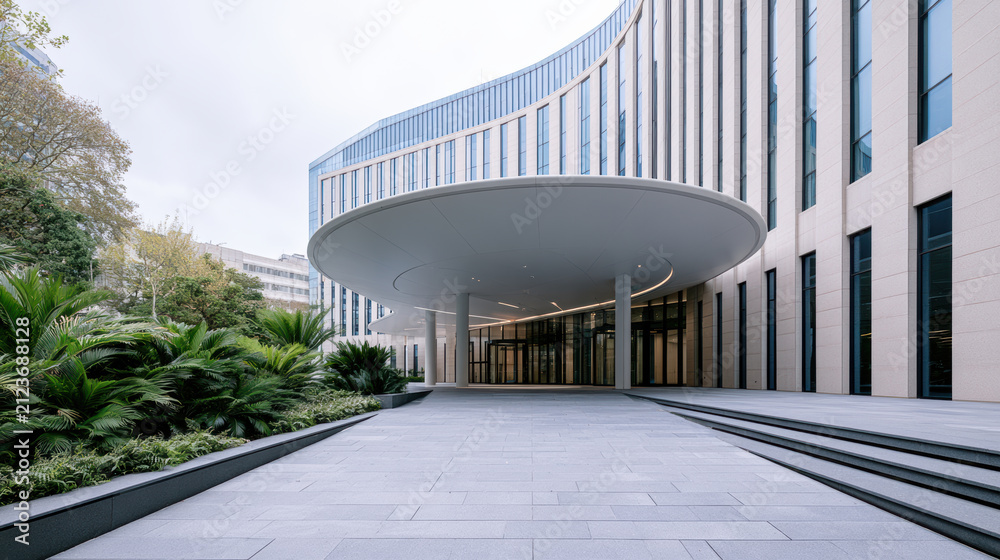 Fototapeta premium Modern hospital exterior with curved glass facade, large entrance canopy, clean lines, and landscaped greenery, evoking calm and professionalism