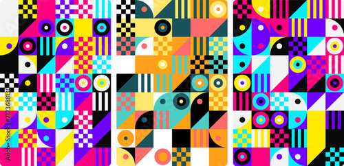 Принти на полотні Neon geometric triptych art background with geometric triptych abstract colorful