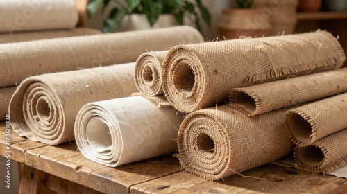 Mix of fabric rolls cotton linen jute on wooden table, natural fibers, side angle, eco-friendly textile background