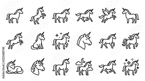 Collection of charming unicorn icons in various playful poses and styles