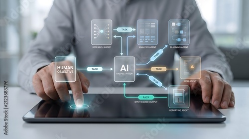 AI orchestrator diagram with human objective and agents on tablet